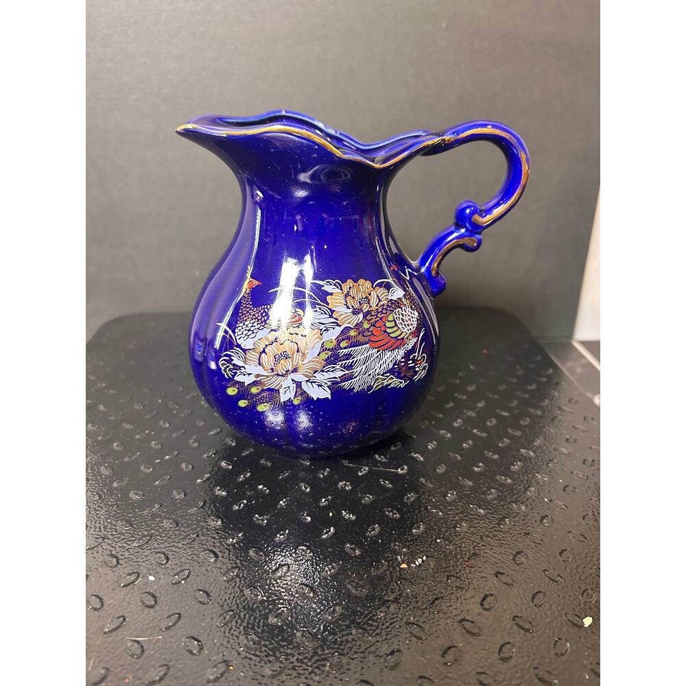 Porcelain Cobalt Blue Pitcher with Pheasants and Peonies